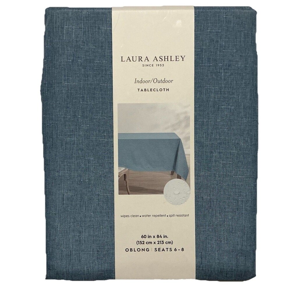 Laura Ashley Tablecloth 60 X 84 Inch Indoor Outdoor Oblong Stone Blue Coastal